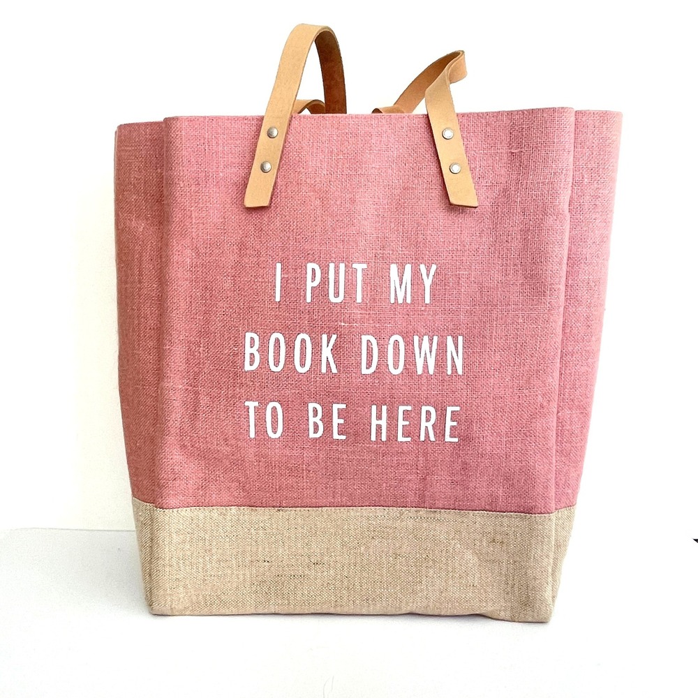 Apolis Global Citizen Pink Jute Market Bag I Put My Book Down Artisan Wine Tote